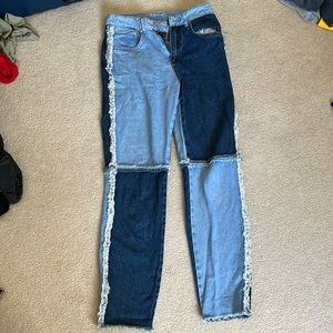 Ragged loose fit colorblock jeans
